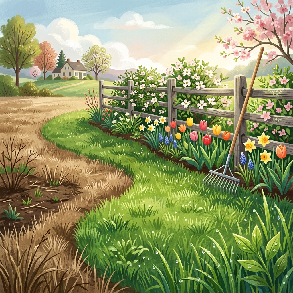 Illustrated spring lawn care checklist for Connecticut homeowners